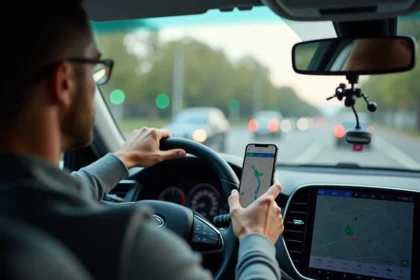 Conducteur consultant Google Maps sur smartphone monté sur tableau de bord avec icônes de radars visibles en navigation