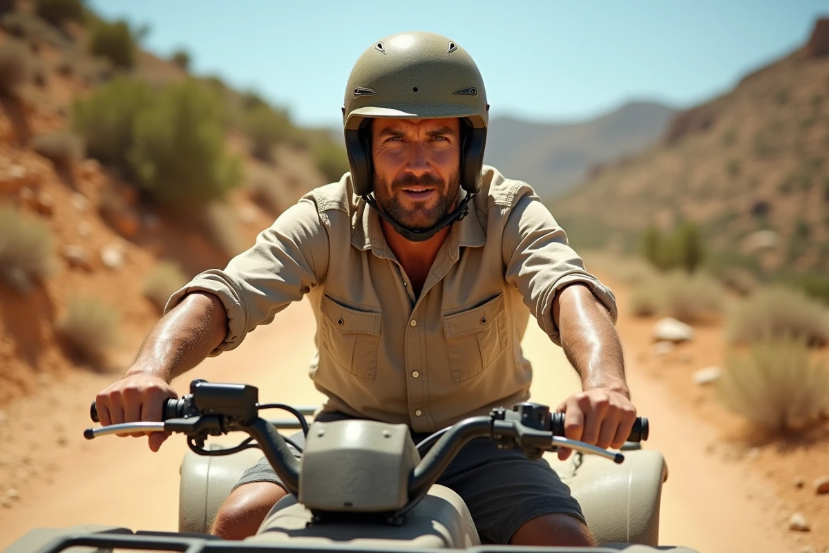 Homme en casque conduisant un quad de location sur un chemin de terre en vacances