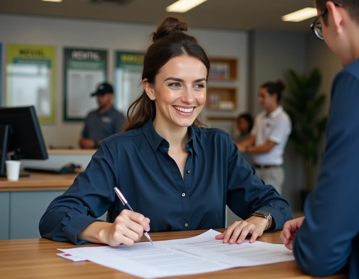 Cliente vérifiant le contrat de location d'un camion avec hayon dans une agence de location