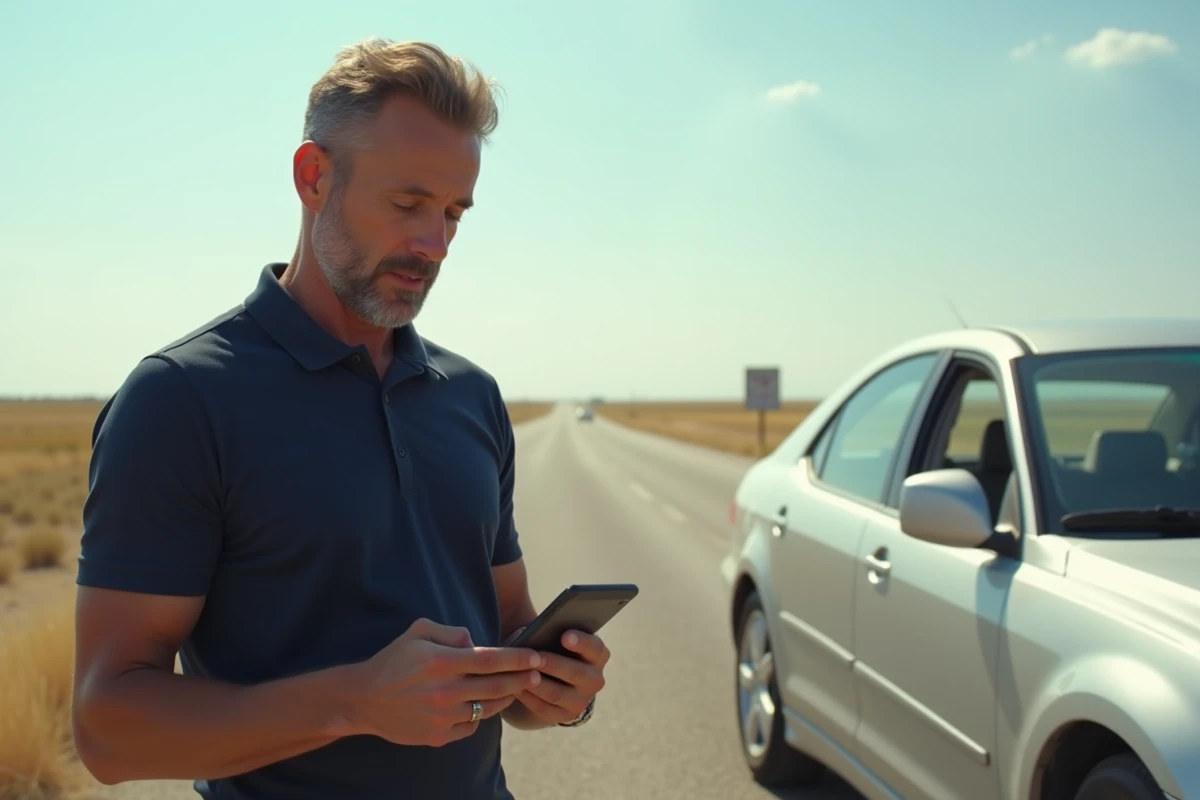 Homme consultant une application de conversion miles en km sur smartphone au bord d'une route américaine