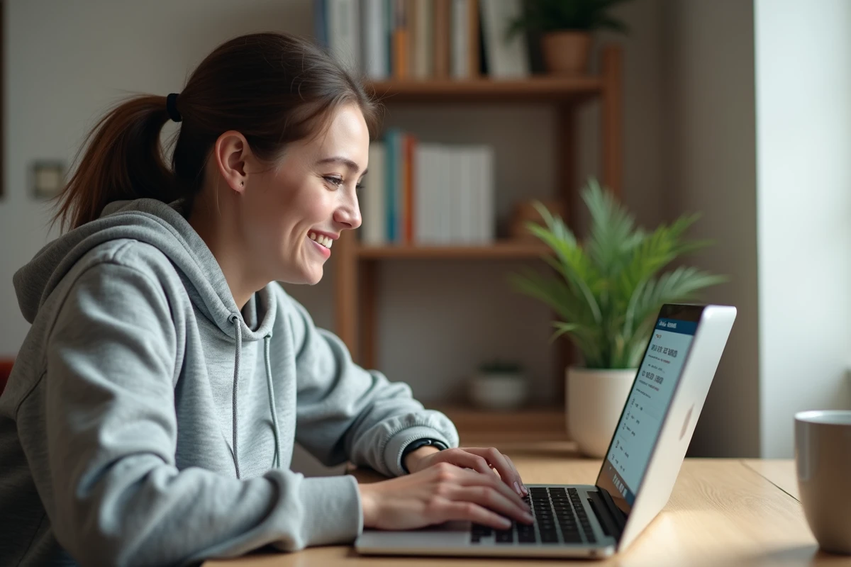 Femme utilisant un convertisseur miles en km sur un ordinateur portable dans un bureau à domicile moderne