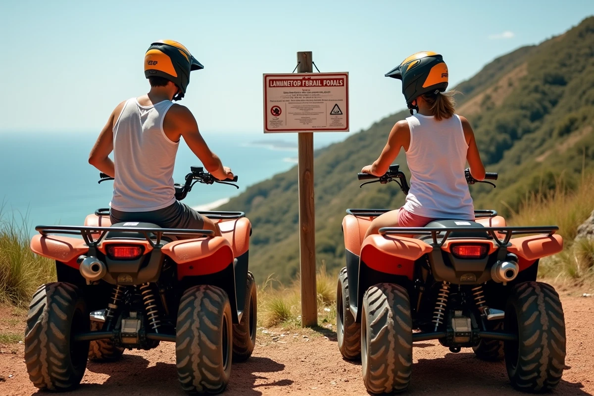 Couple de vacanciers lisant les conditions de permis avant de partir en balade en quad de location