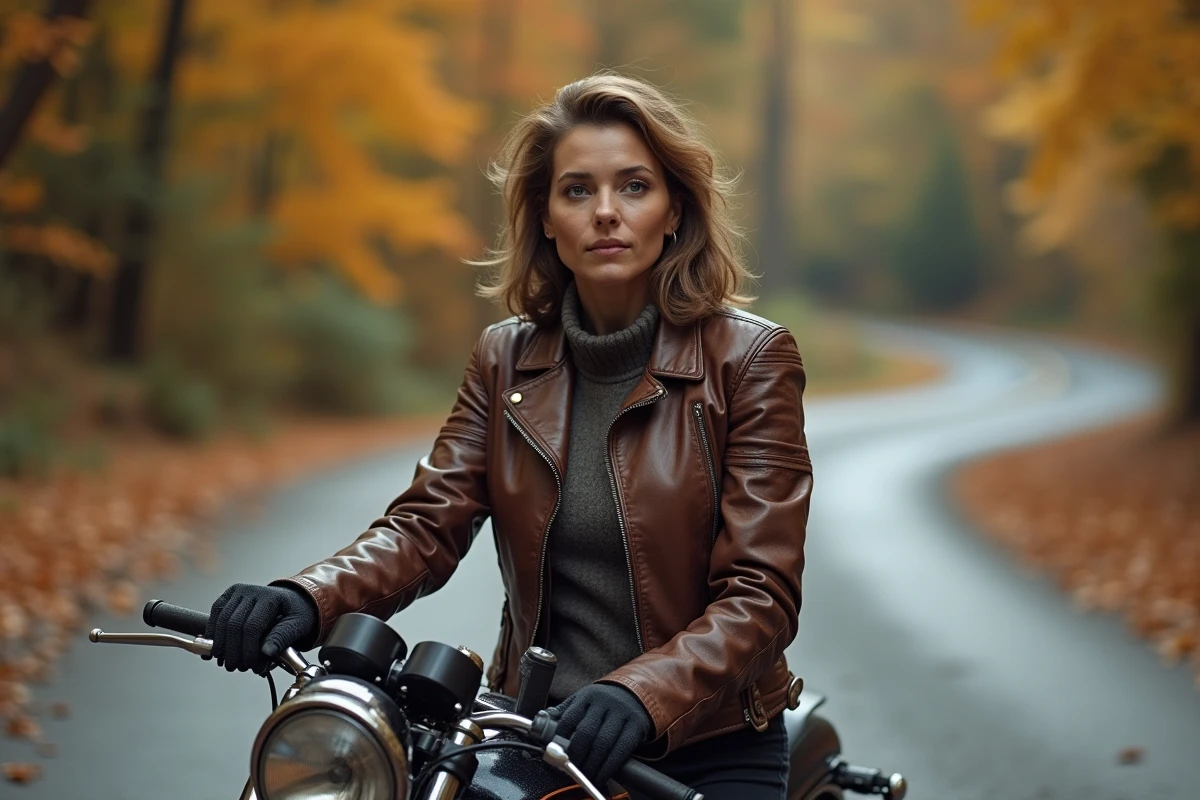 Femme motarde avec une moto thermique café racer sur une route de campagne en automne