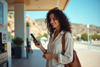 Femme faisant le plein d'essence dans une station-service aux abords de Marseille avant un départ en vacances