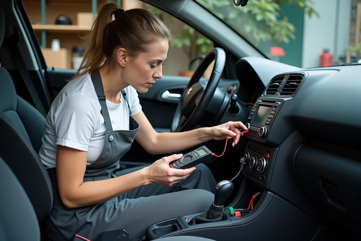 Femme technicienne utilisant un multimètre pour tester les fils d'autoradio dans une Peugeot 308 ouverte
