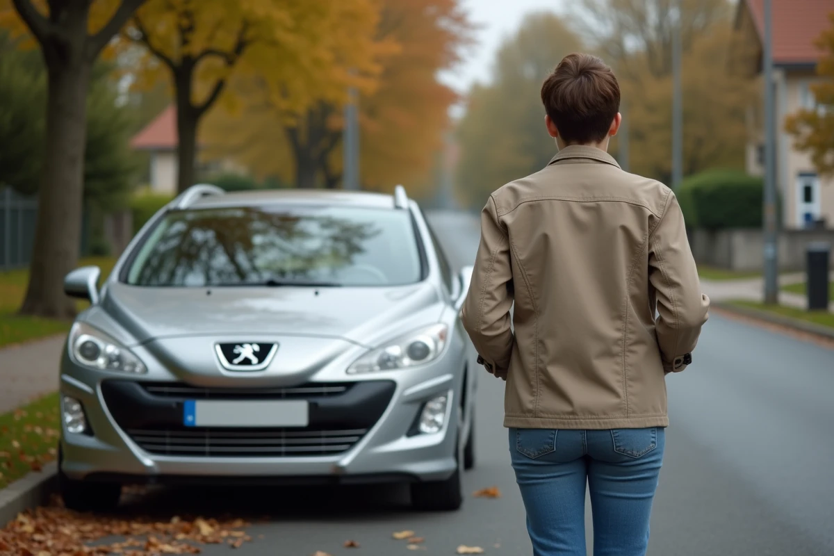 Femme arrêtée en bord de route inspectant sa Peugeot après allumage d'un voyant orange