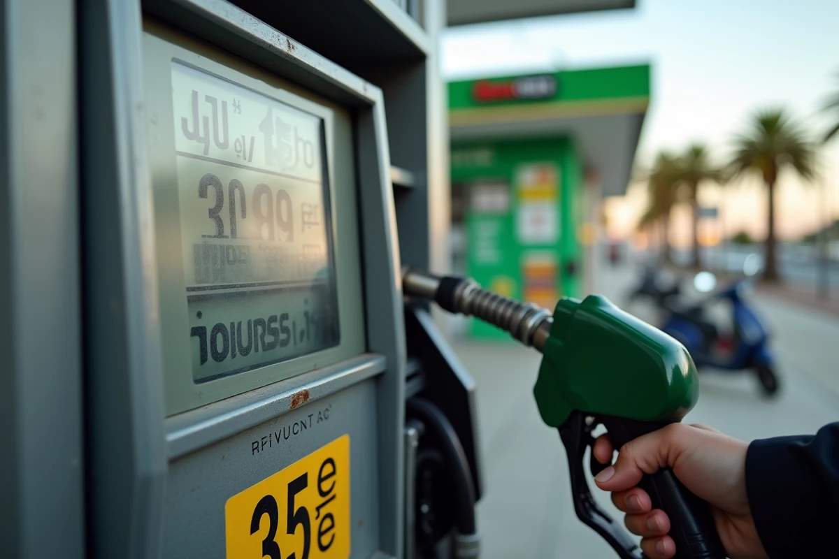 Gros plan sur l'écran d'un distributeur de carburant affichant le prix du litre dans une station-service de Marseille