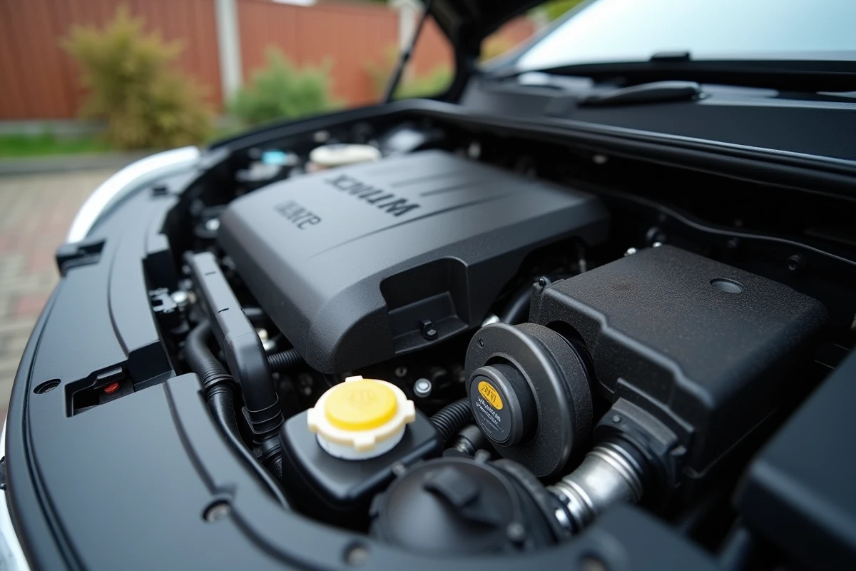 Gros plan du compartiment moteur 1.2 PureTech avec turbo et couvercle de culasse visibles sur une Peugeot
