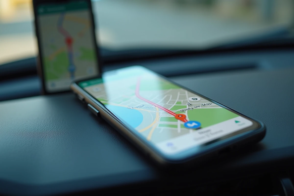 Gros plan de deux smartphones affichant Waze et Google Maps avec icônes de radars sur le tableau de bord d'une voiture