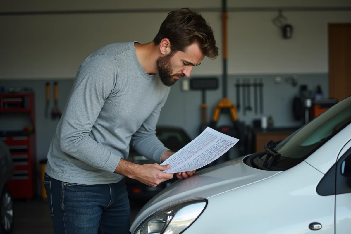 Homme consultant une liste de numéros de plaques d'immatriculation dans un garage privé