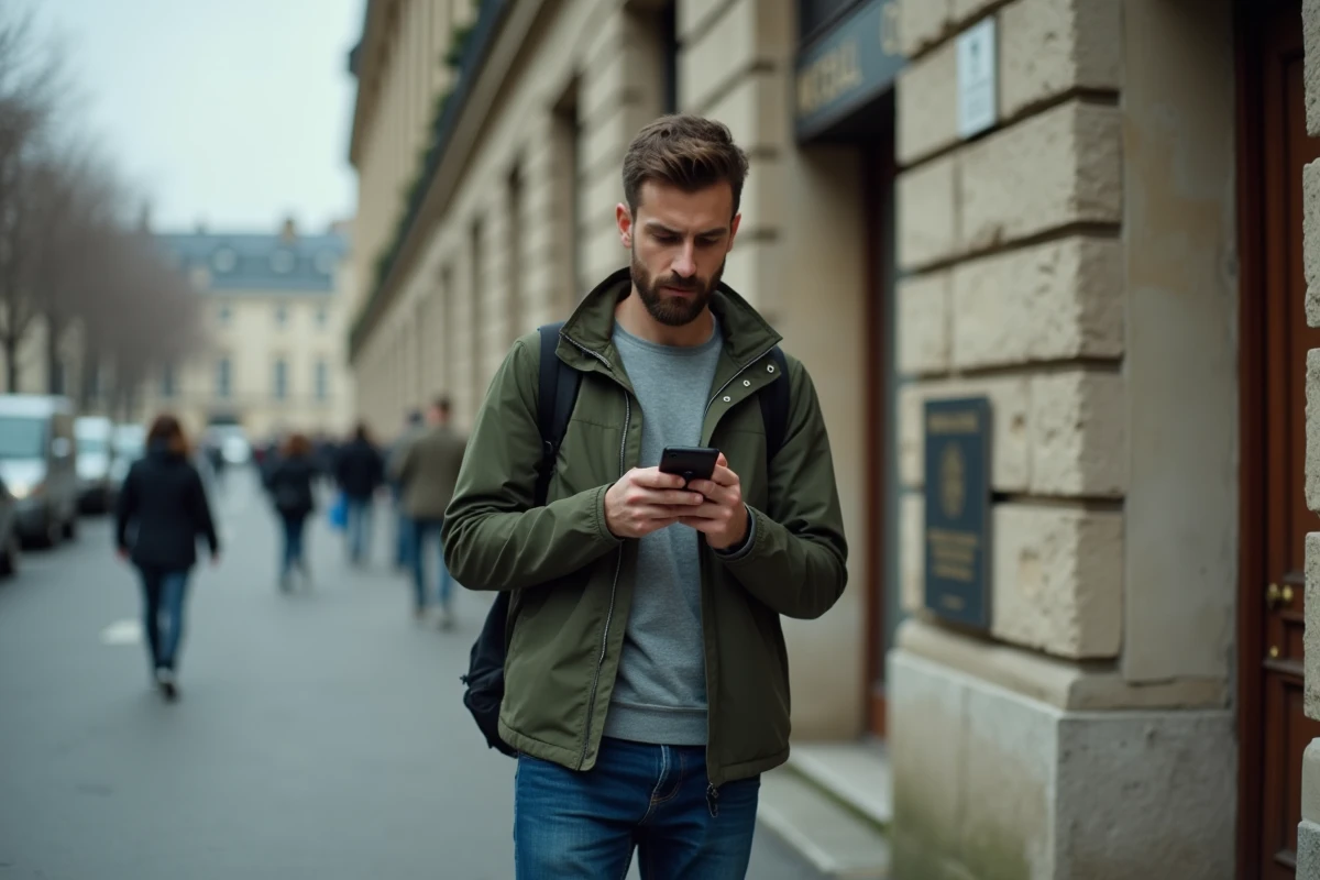 Jeune homme vérifiant l'état de ses points de permis sur smartphone devant une préfecture française