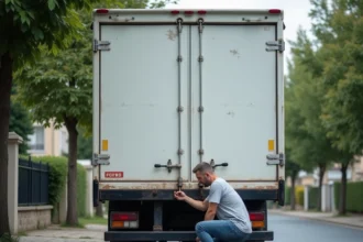 Homme inspectant le hayon hydraulique d'un camion 20m3 avant une location pour long trajet