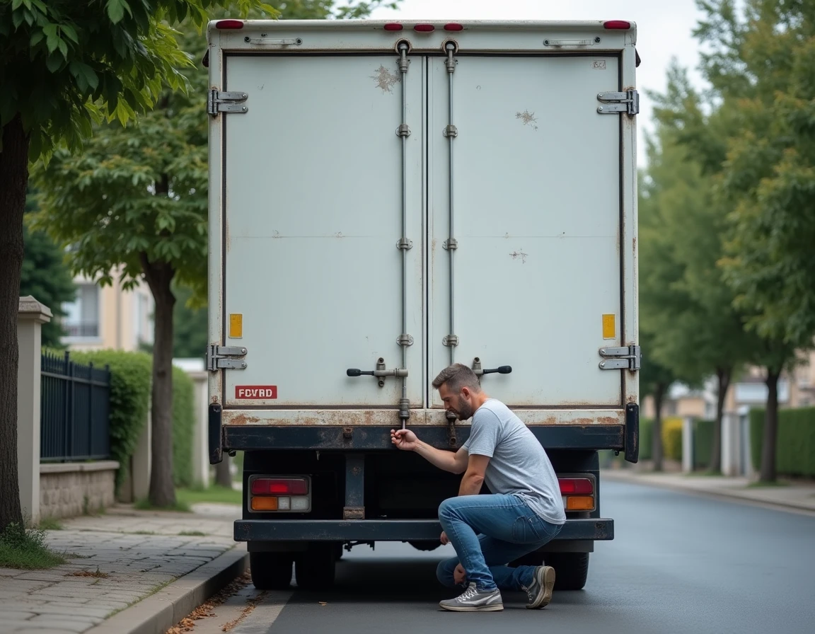 Homme inspectant le hayon hydraulique d'un camion 20m3 avant une location pour long trajet