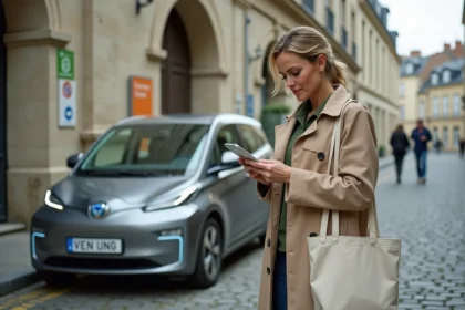 Femme utilisant une application de location de voiture électrique dans une rue de Rennes avec panneau de zone Crit'Air visible