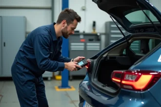 Mécanicien diagnostiquant une panne sur un moteur 1.6 TDI 105 dans un atelier automobile professionnel