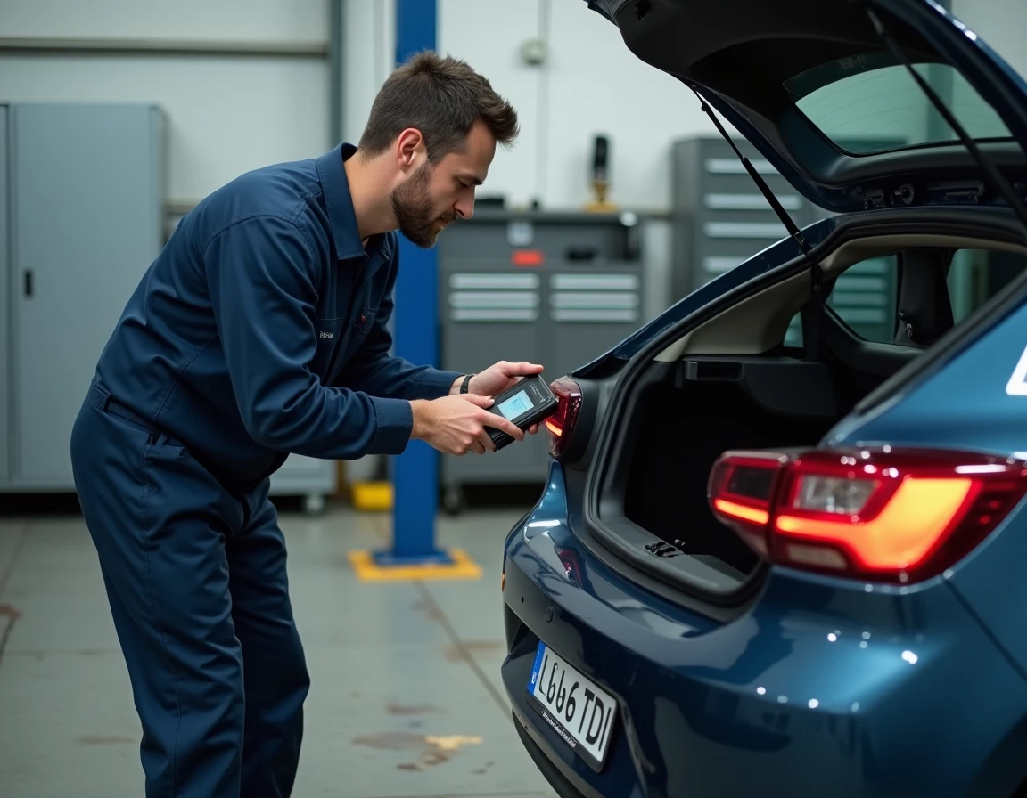 Mécanicien diagnostiquant une panne sur un moteur 1.6 TDI 105 dans un atelier automobile professionnel
