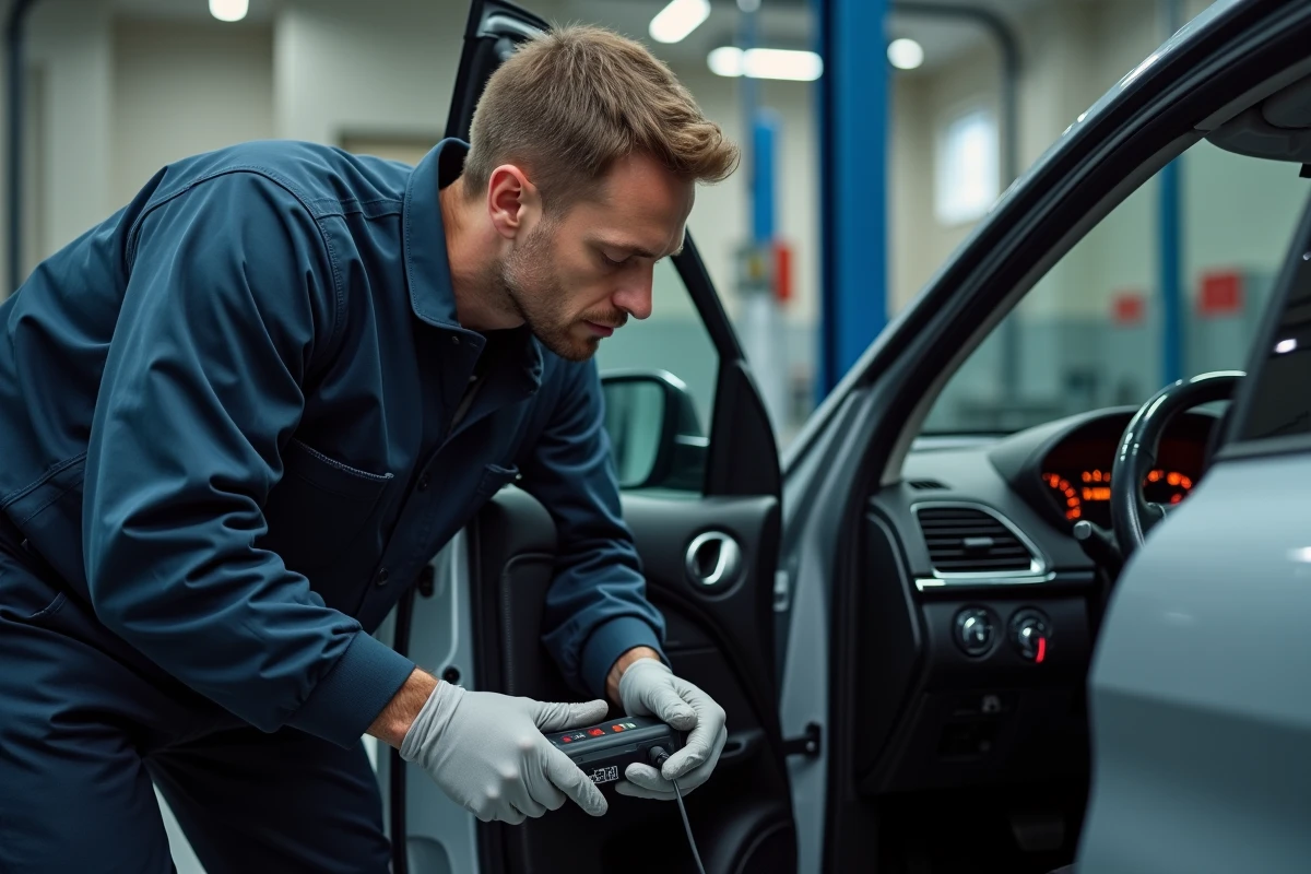 Mécanicien diagnostiquant un voyant orange allumé sur une Peugeot dans un garage automobile