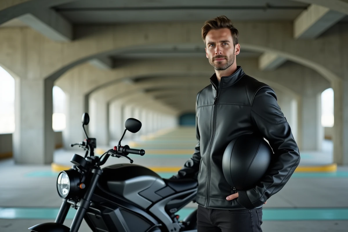 Motard debout à côté d'une moto électrique moderne dans un parking urbain en béton