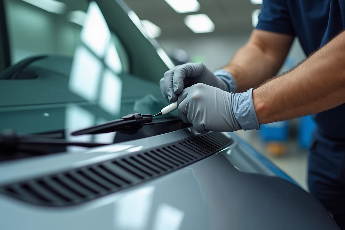 Gros plan sur les mains d'un technicien posant le joint d'étanchéité sur le pare-brise d'un utilitaire lors d'une intervention Carglass