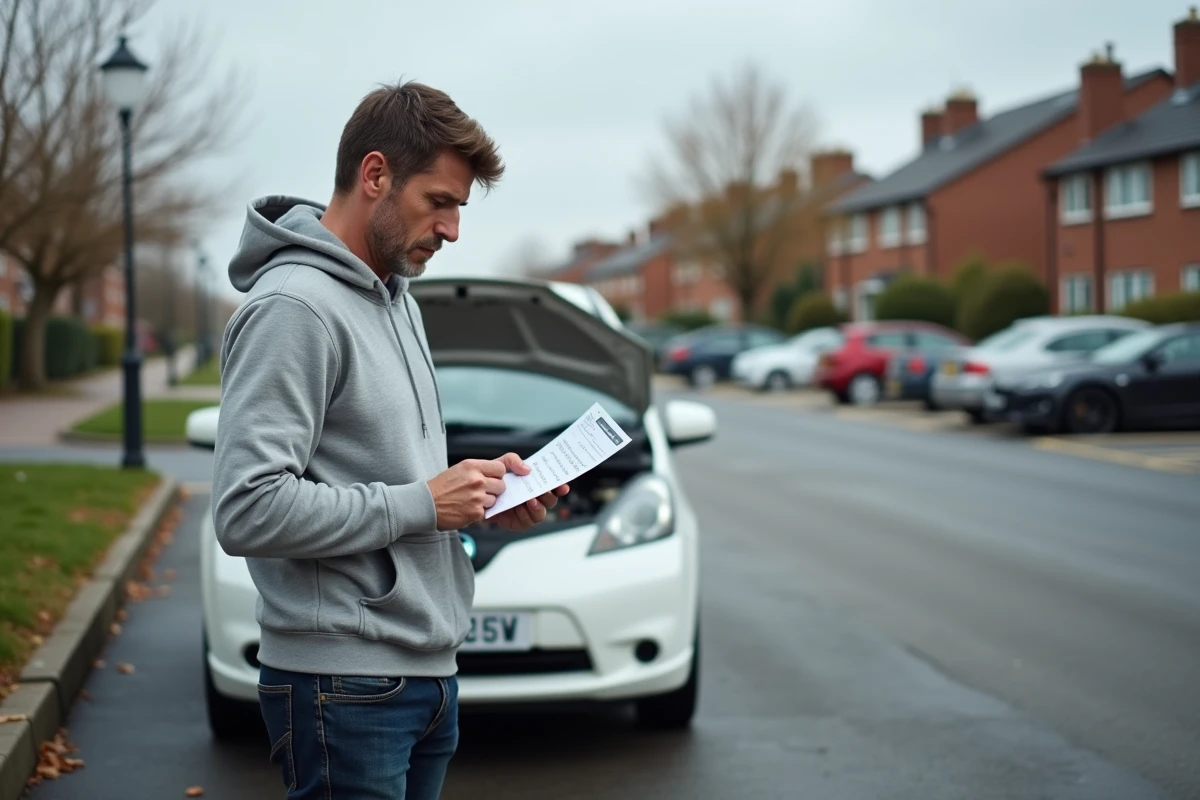 Propriétaire vérifiant une check-list de contrôle moteur à côté de sa Peugeot compacte blanche dans un parking