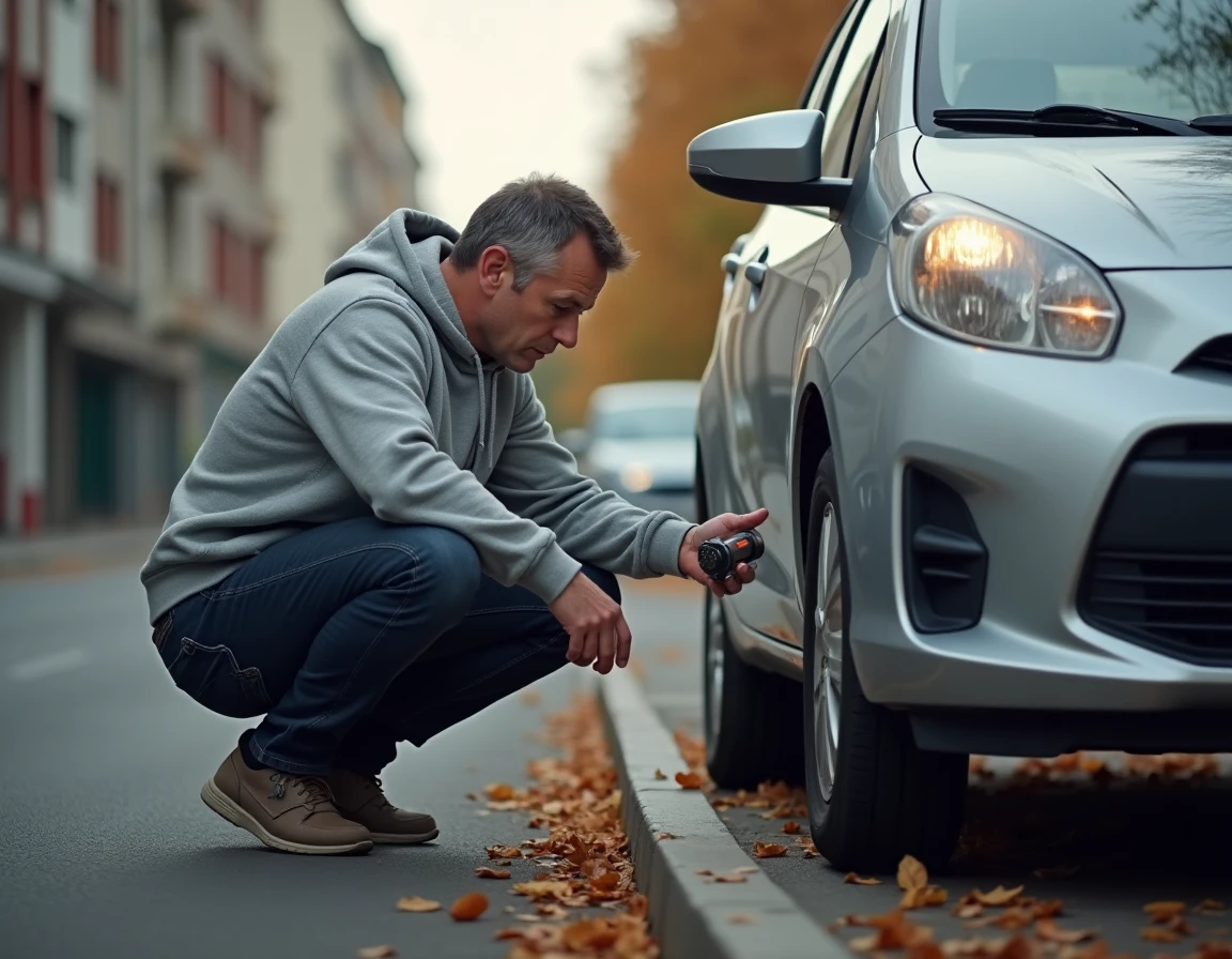 Propriétaire inspectant le dessous de caisse de sa voiture diesel 1.6 TDI dans un parking urbain