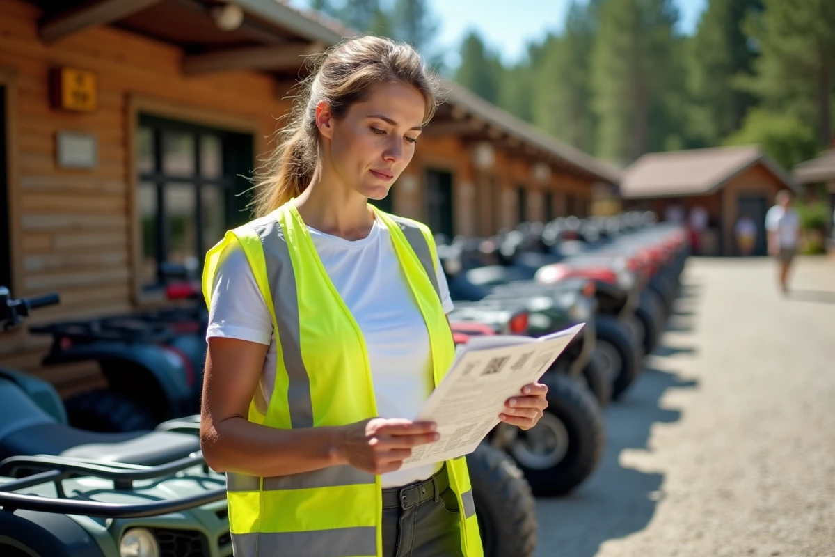 Femme consultant les règles de location de quad dans une agence de loisirs en plein air