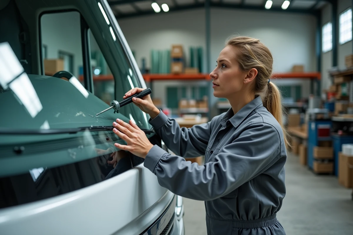 Technicienne remplaçant le pare-brise d'un camping-car dans un atelier de réparation Carglass