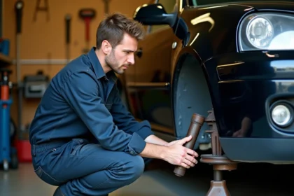 Mécanicien amateur inspectant un triangle de suspension usé sur une Volkswagen Golf 4 dans un garage privé