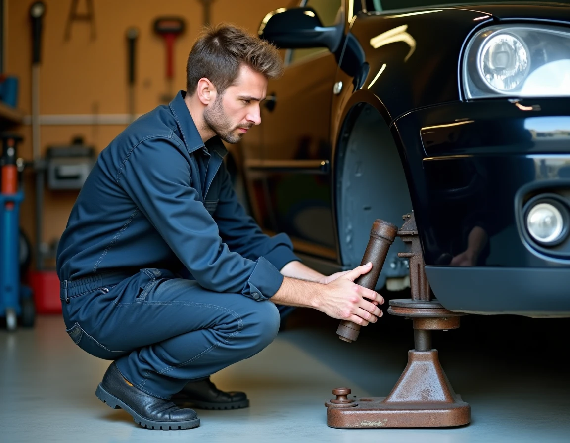 Mécanicien amateur inspectant un triangle de suspension usé sur une Volkswagen Golf 4 dans un garage privé