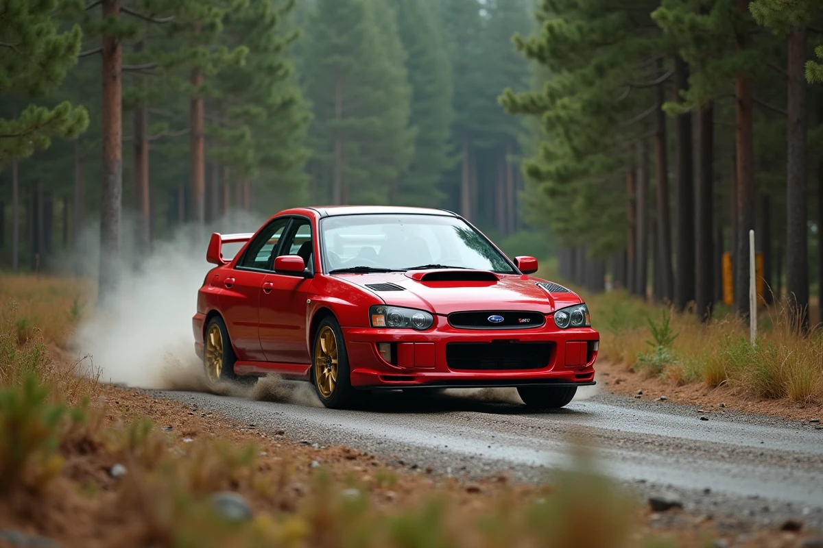Subaru Impreza STI rouge en train de négocier un virage sur une route de montagne sinueuse entourée de forêt de pins, gravier projeté sous les roues dorées
