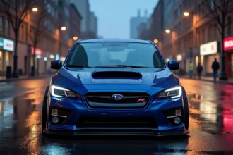Subaru Impreza WRX bleu nuit garée sur une rue urbaine mouillée, vue de trois quarts avant mettant en valeur le capot avec prise d'air et les ailes élargies