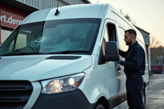 Technicien Carglass inspectant le pare-brise fissuré d'un utilitaire blanc dans un centre de réparation automobile