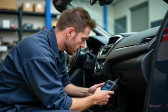 Technicien automobile connectant un scanner OBD-II sous le tableau de bord d'une Peugeot pour diagnostiquer le code défaut P0087