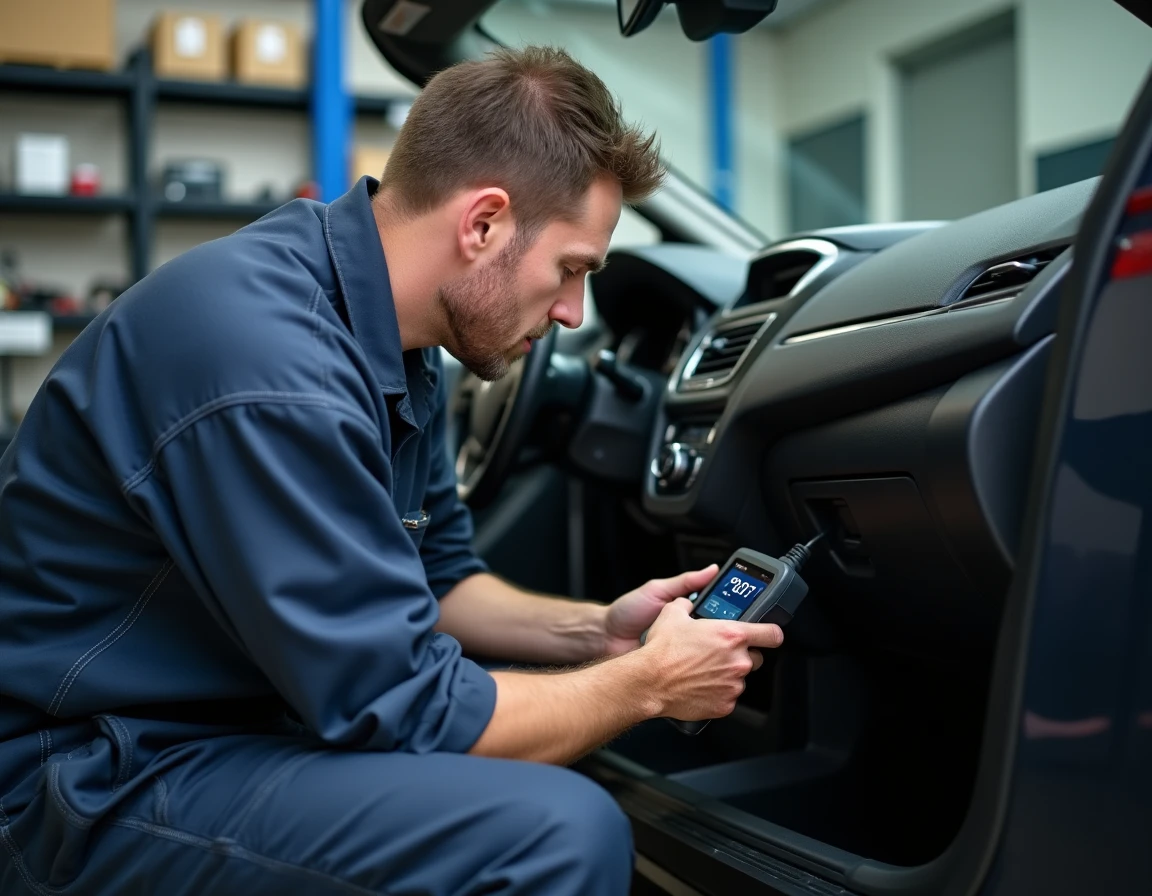 Technicien automobile connectant un scanner OBD-II sous le tableau de bord d'une Peugeot pour diagnostiquer le code défaut P0087