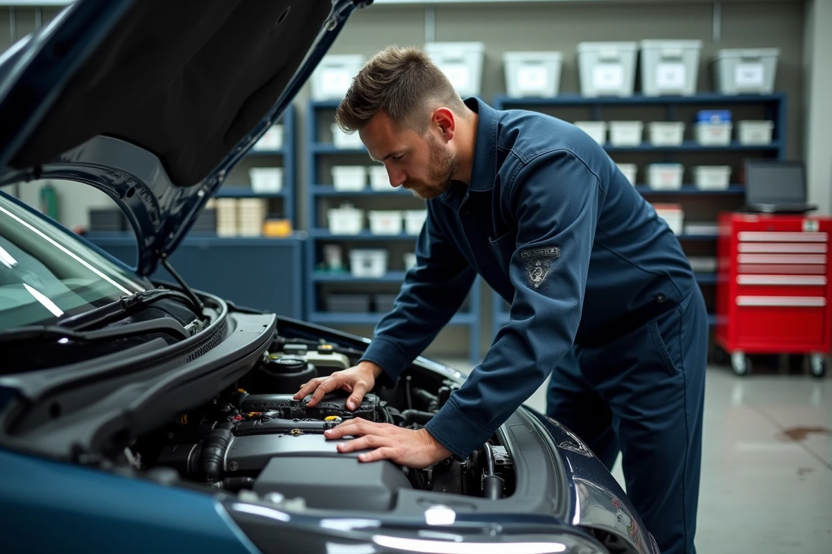 Technicien automobile inspectant le moteur 1.2 PureTech d'une Peugeot 2026 dans un atelier professionnel