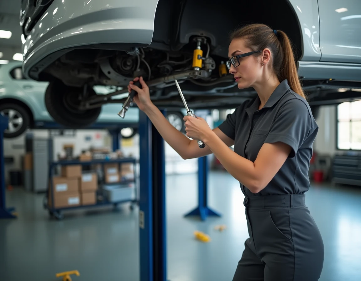 Technicienne automobile professionnelle installant un triangle de suspension neuf sur une Golf 4 dans un atelier équipé