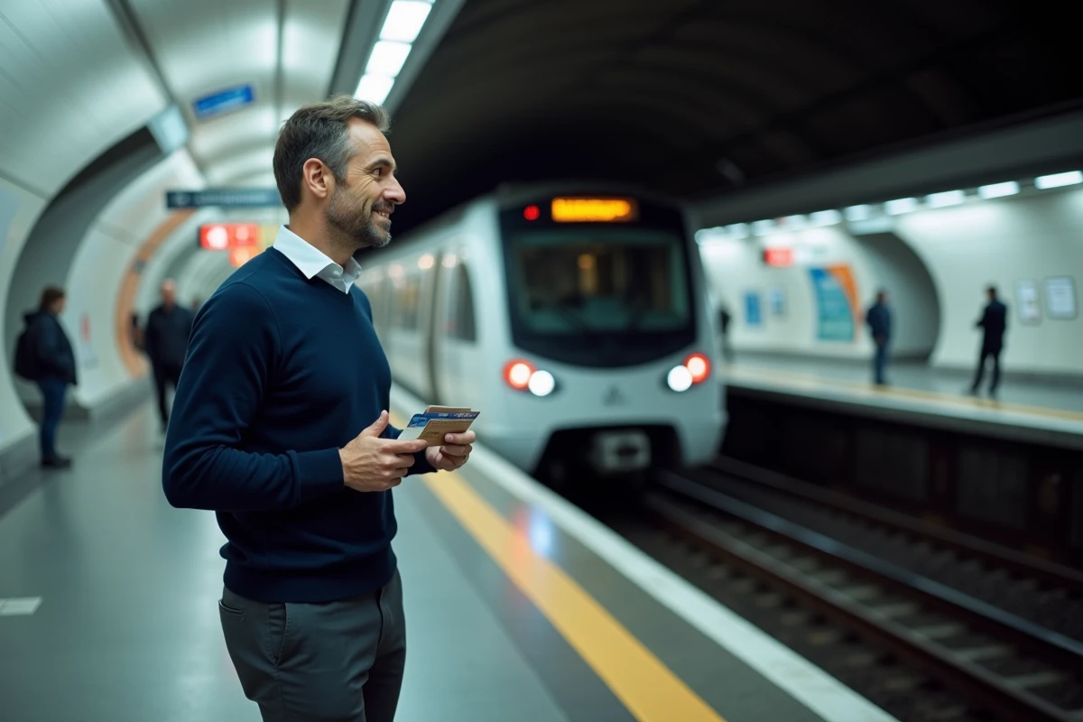 Homme utilisant les transports en commun à la station de métro de Rennes comme alternative aux restrictions Crit'Air