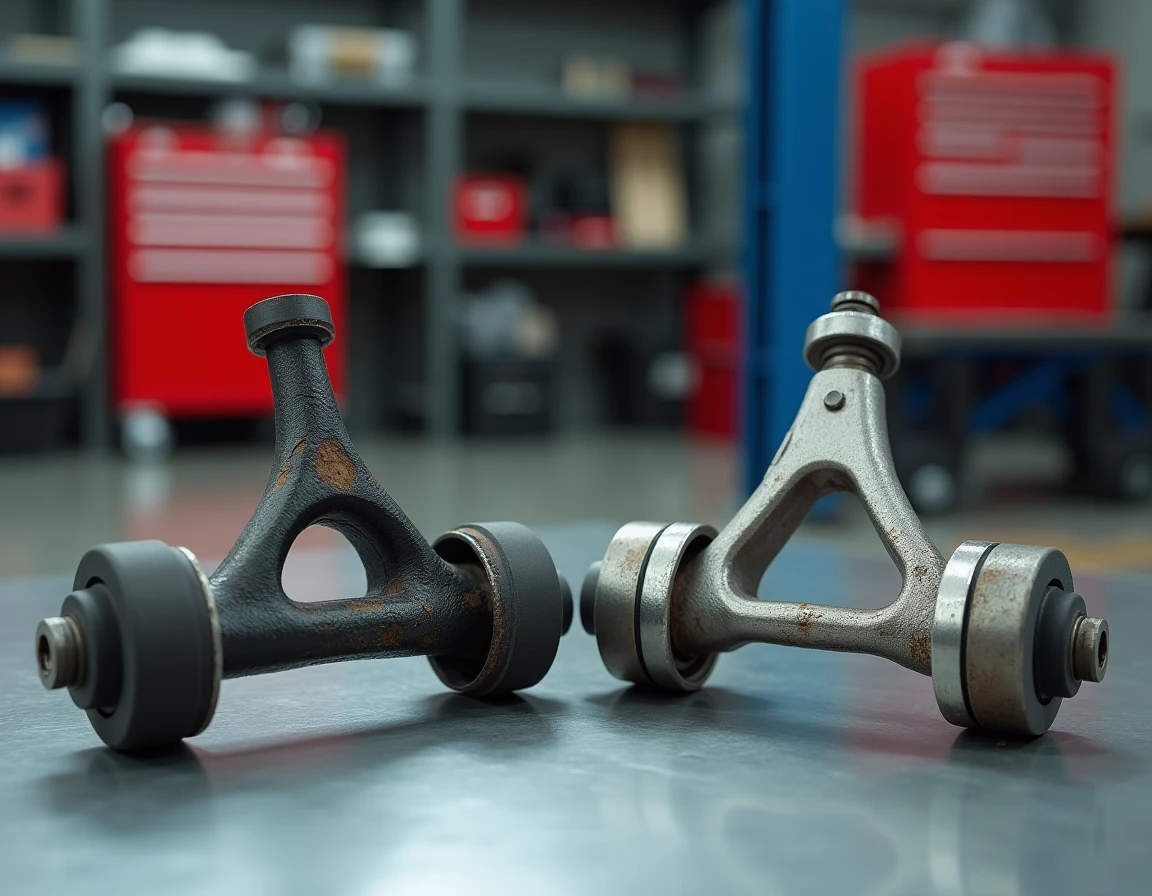 Comparaison entre un triangle de suspension usé et un triangle neuf pour Golf 4 posés sur un établi de garage