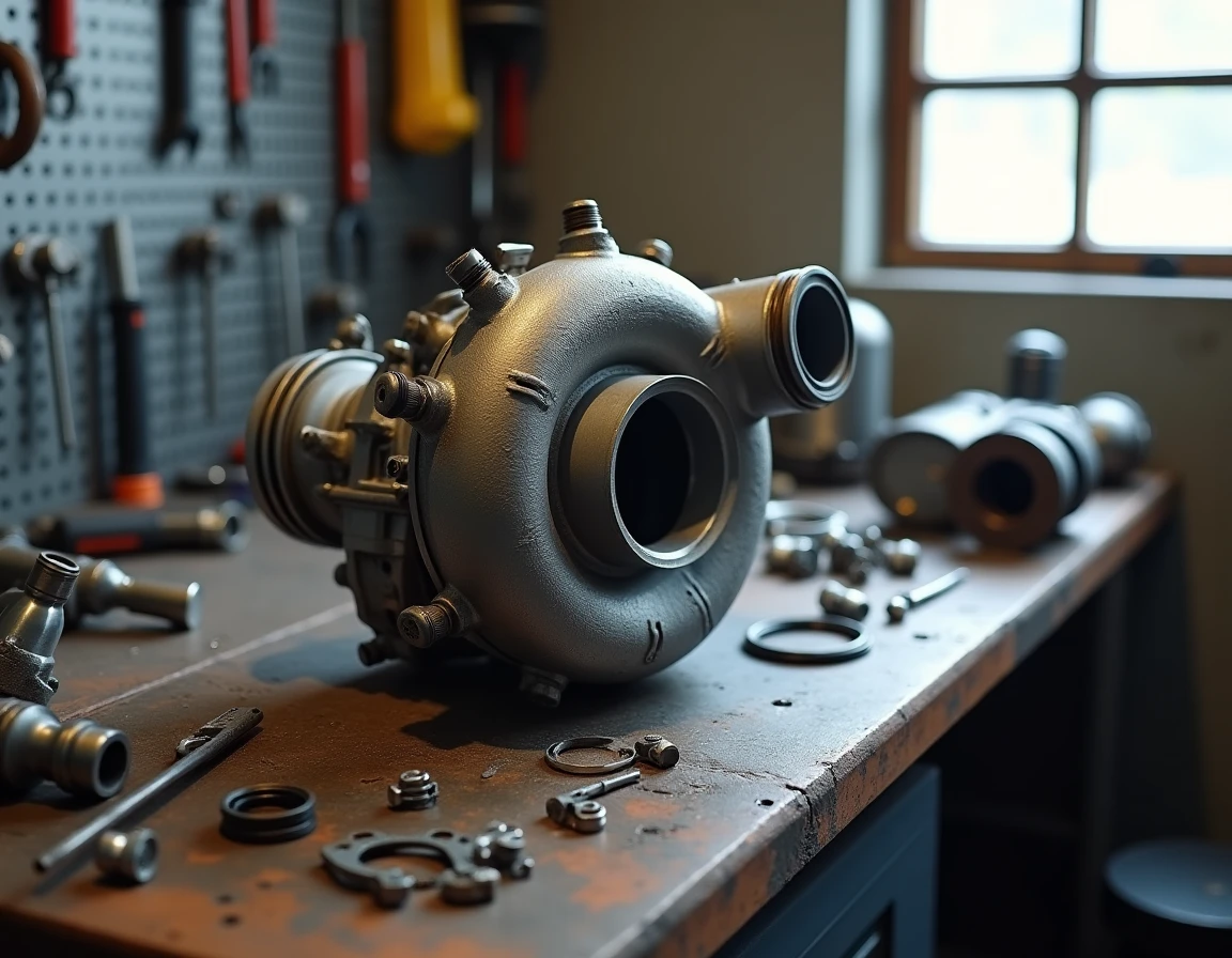Turbocompresseur et pièces EGR démontées d'un moteur 1.6 TDI 105 sur établi de garage