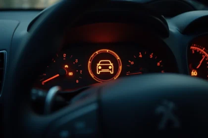 Voyant orange rond représentant une voiture Peugeot allumé en continu sur le tableau de bord