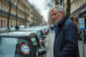 Automobiliste examinant sa vignette Crit'Air sur le pare-brise de sa voiture dans une rue parisienne, avec panneau de zone à faibles émissions en arrière-plan