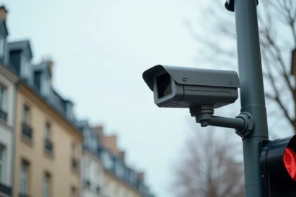 Caméra de surveillance feu rouge installée sur un poteau métallique à une intersection urbaine en France