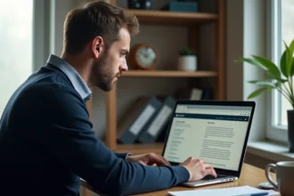 Homme comparant des annonces en ligne et des avis consommateurs sur un ordinateur portable dans un bureau à domicile