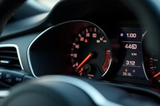 Tableau de bord avec compteur de vitesse affichant la conversion 200 mph en km/h sur un véhicule moderne
