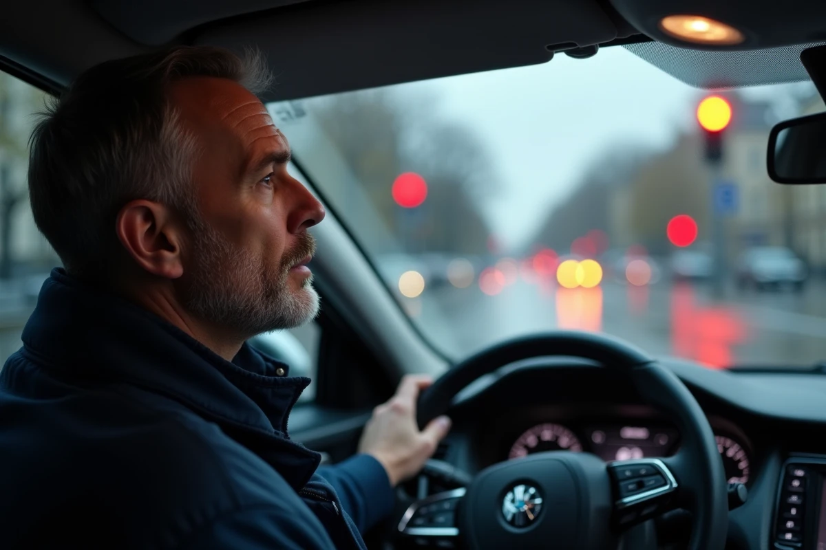 Conducteur au volant observant une caméra de contrôle feu rouge depuis son véhicule arrêté à un carrefour