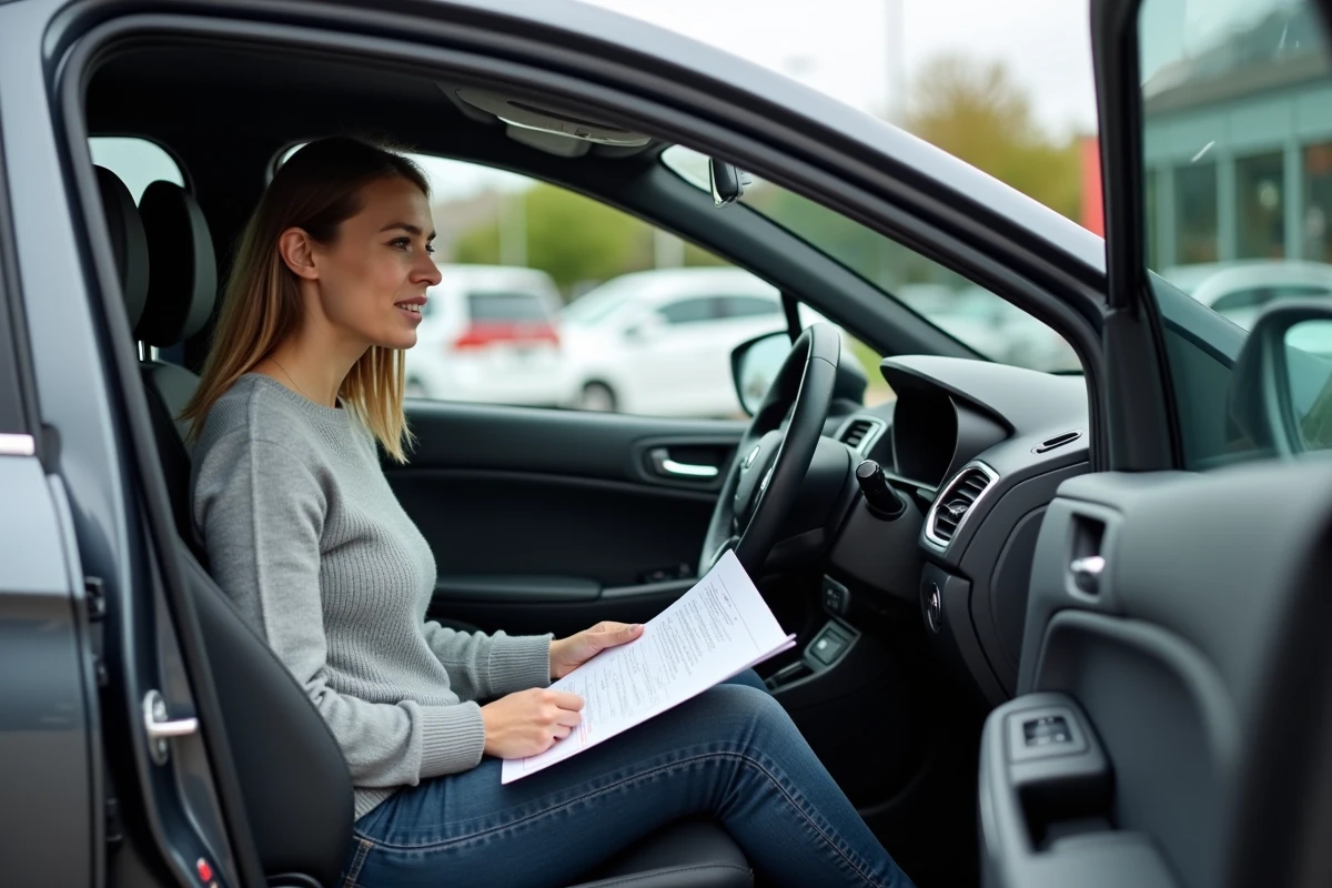 Conductrice consultant un rapport d'inspection de son véhicule diesel au volant d'une citadine