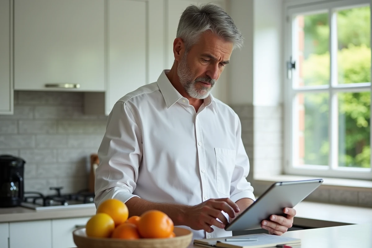 Homme consultant un site de conseil consommateur sur une tablette dans sa cuisine pour évaluer la fiabilité d'une petite annonce