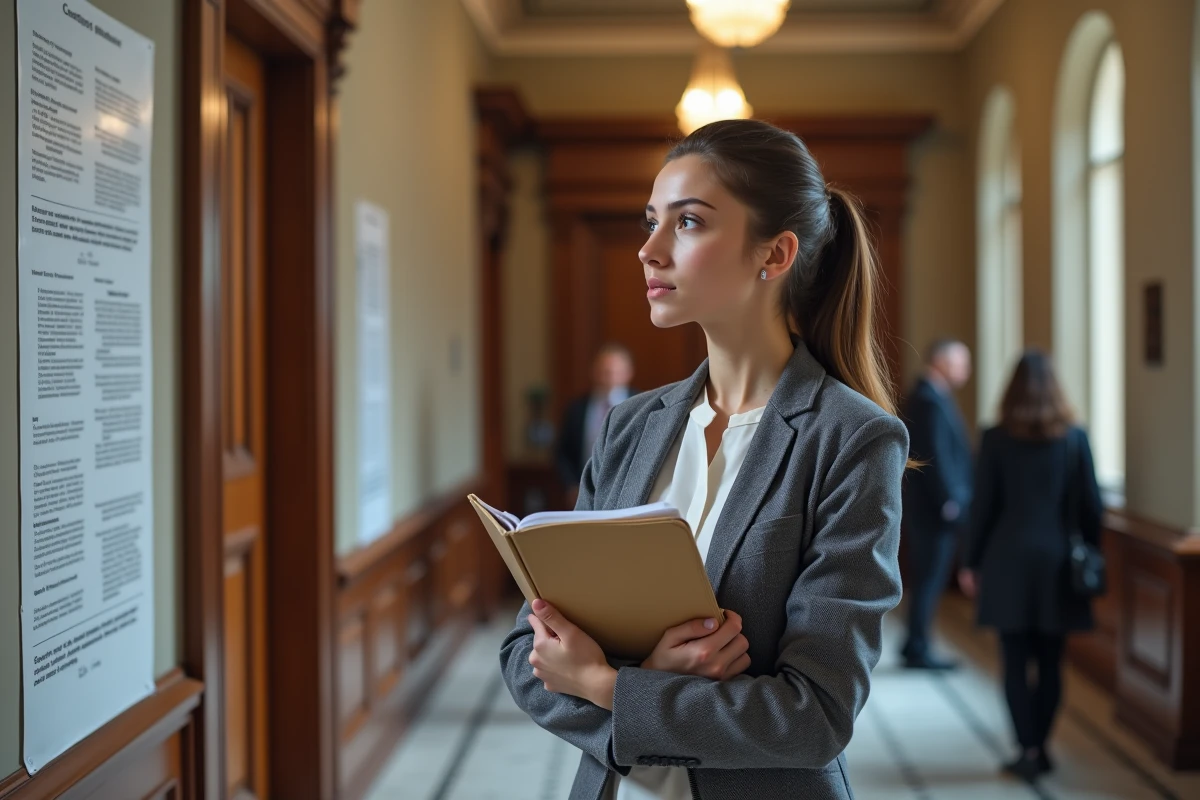 Jeune femme consultant un panneau officiel au palais de justice dans le cadre d'une contestation de contravention