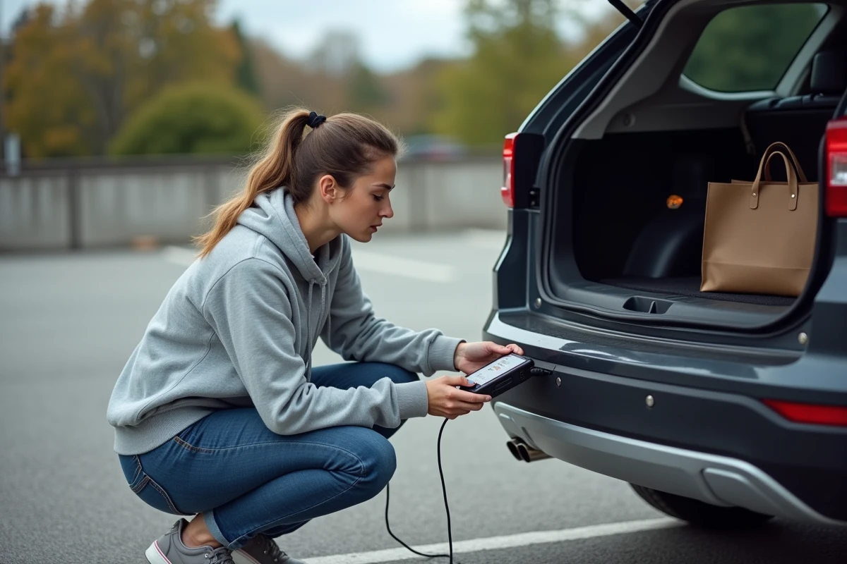 Femme branchant un convertisseur de tension 12V 220V dans le coffre d'un SUV avec un chargeur laptop, erreurs à éviter