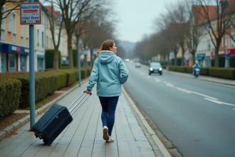 Femme marchant vers un arrêt de bus près du parking de covoiturage La Chapelle Saint Mesmin avec une valise à roulettes